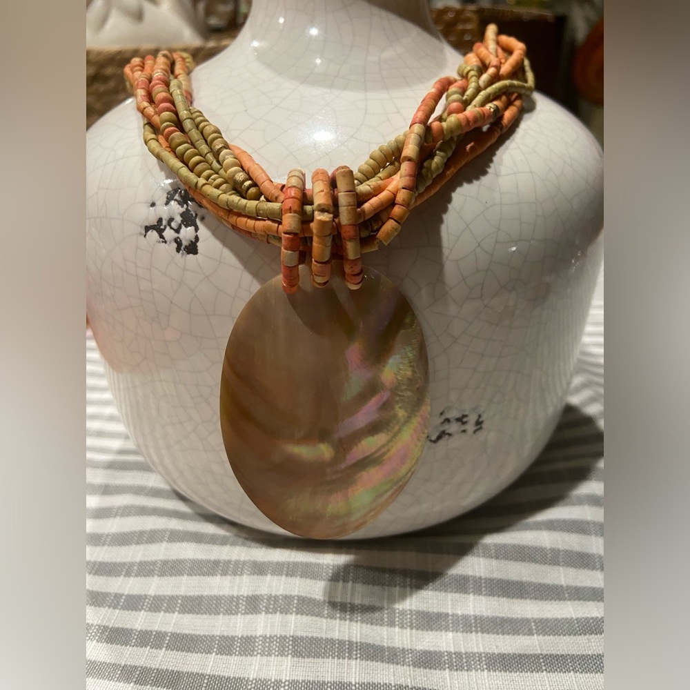 Wooden beads with shell pendant necklace